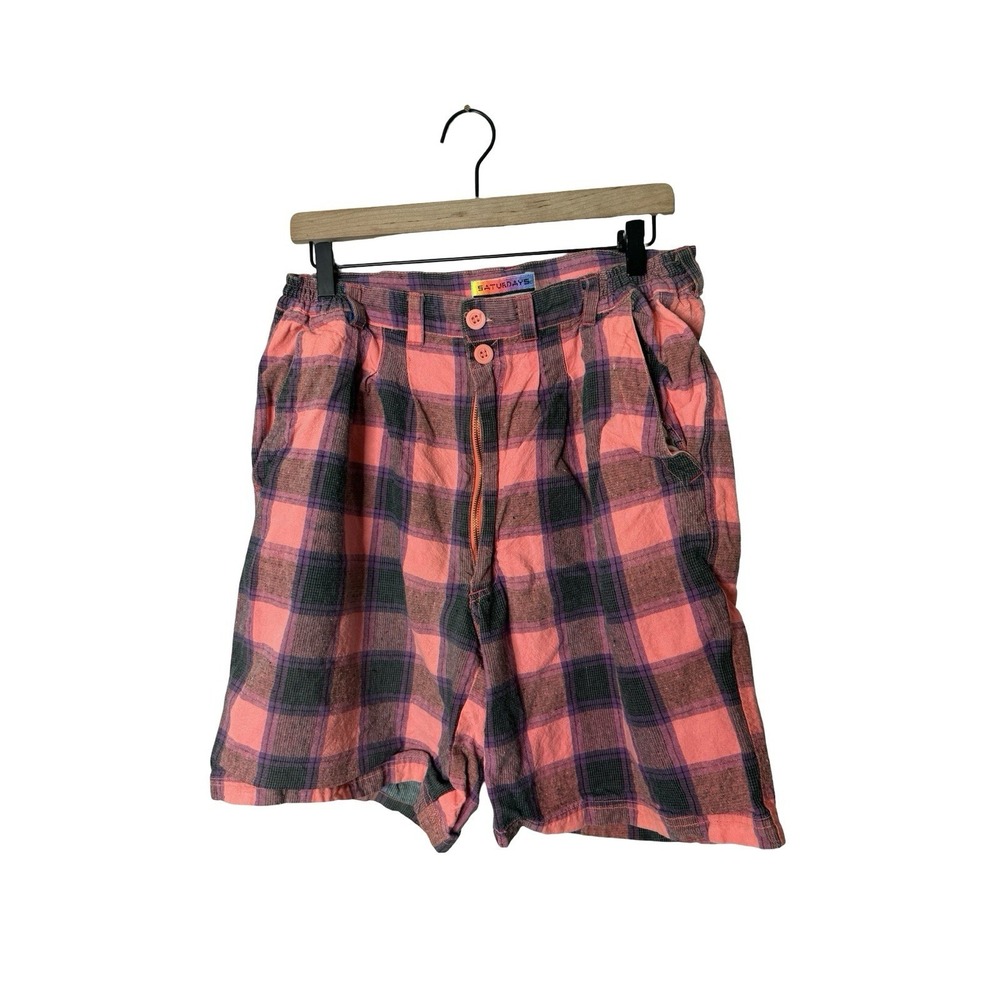Vintage Saturdays Neon plaid pleated shorts‎ size XL 90s